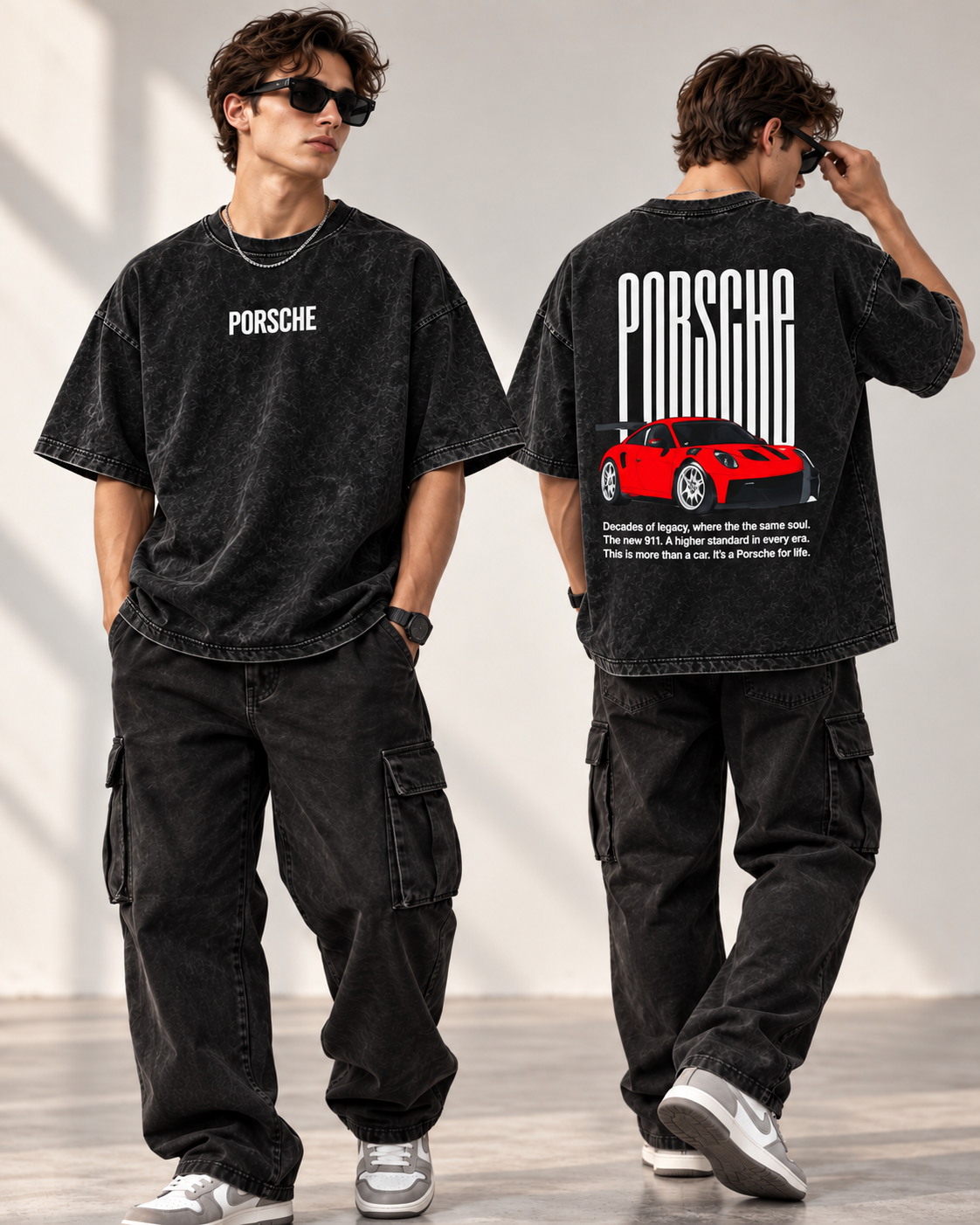 Code 2364 Black Porsche oversized graphic T-shirt front and back