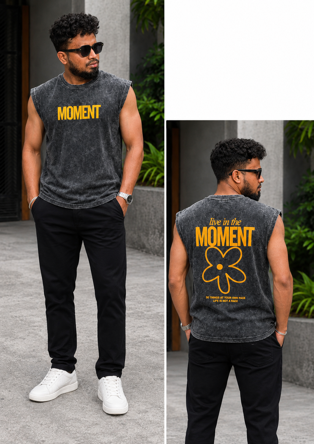 Moment Graphic Acid Wash Sleeveless Tee — Charcoal