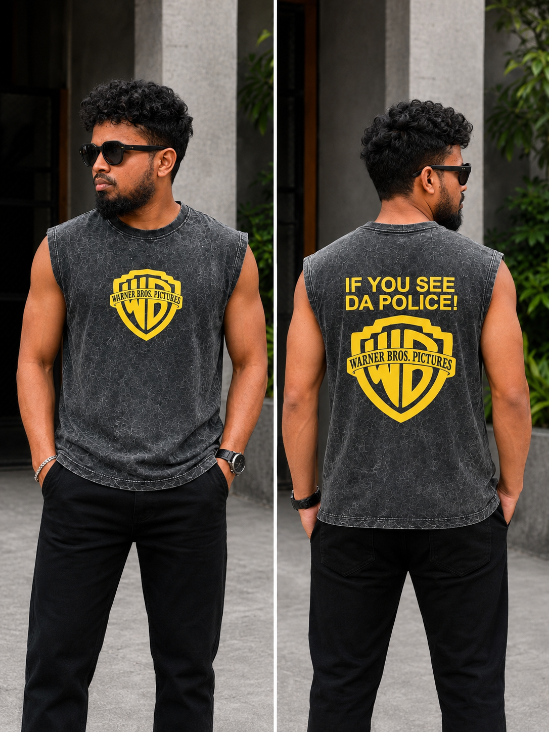 Shield Graphic Acid Wash Sleeveless Tee — Charcoal