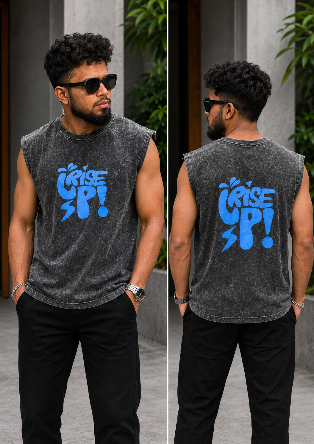 Rise Up Graphic Acid Wash Sleeveless Tee — Charcoal