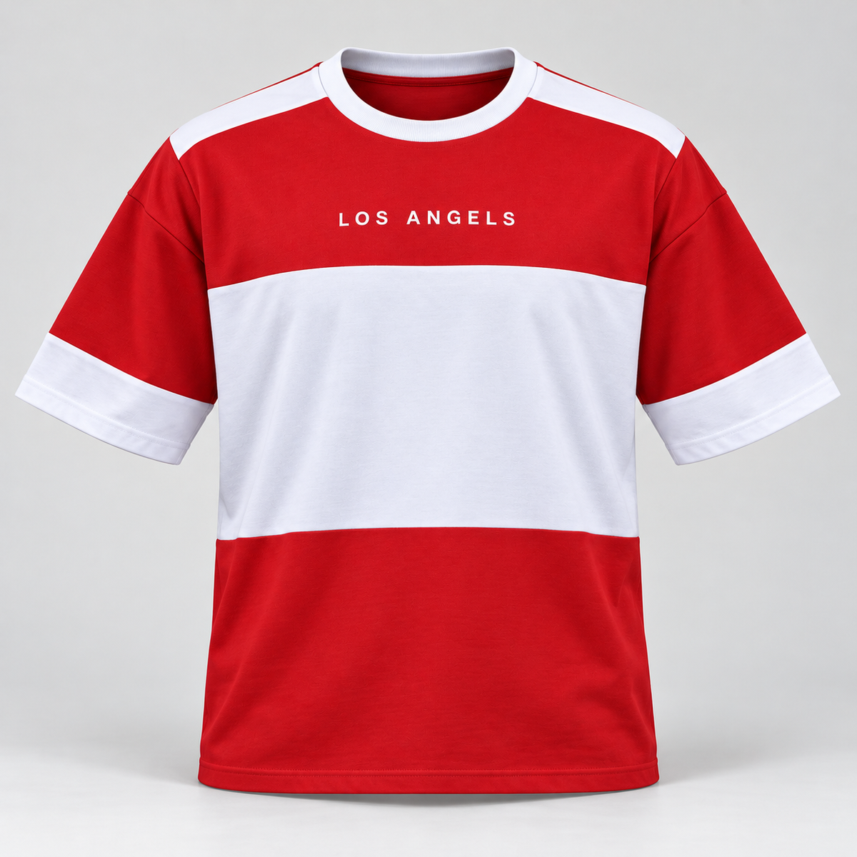 Colour Block Drop Shoulder T-Shirt - Red and White - 3D product front, without supplier labels or tags