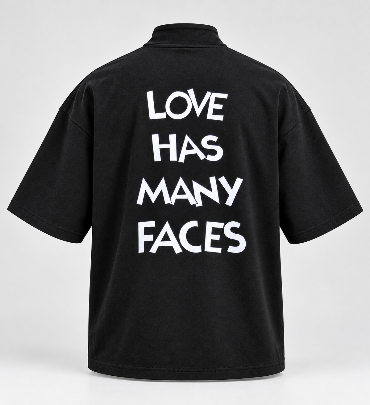 Front and Back Print Drop Shoulder High Neck T-Shirt - Black - 3D product back, without supplier labels or tags