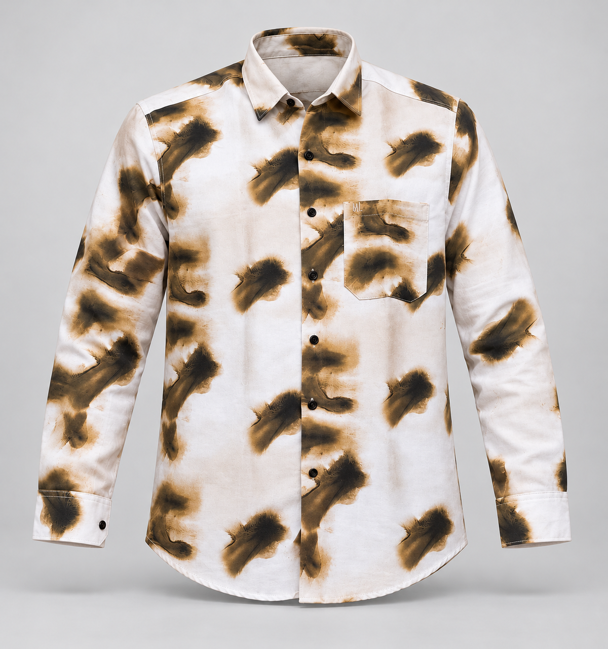 Brush Print Full Sleeve Pocket Shirt - White Olive Brown - 3D product front, without supplier labels or tags