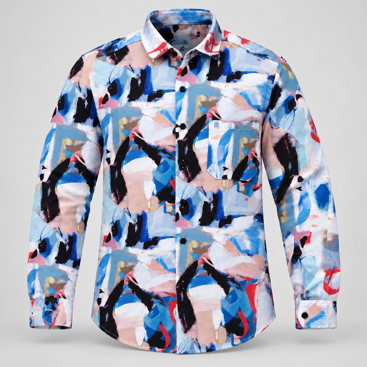 Abstract Print Full Sleeve Pocket Shirt - Blue Multicolour - 3D product front, without supplier labels or tags