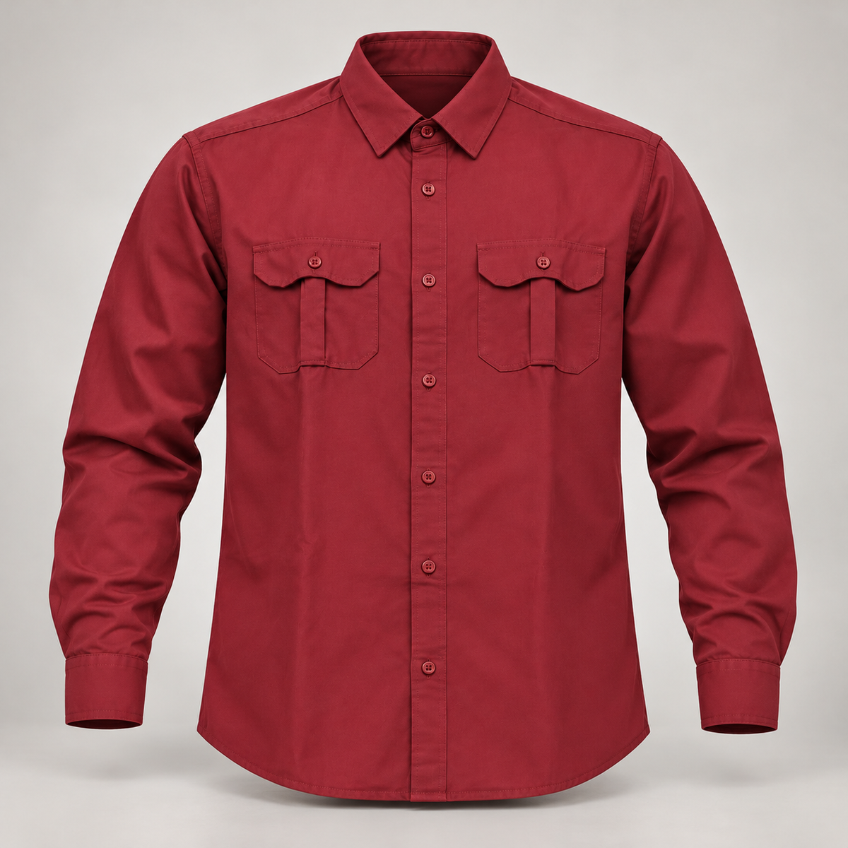 Plain Double Flap Pocket Full Sleeve Shirt - Maroon - clean dimensional product front, without hangtags