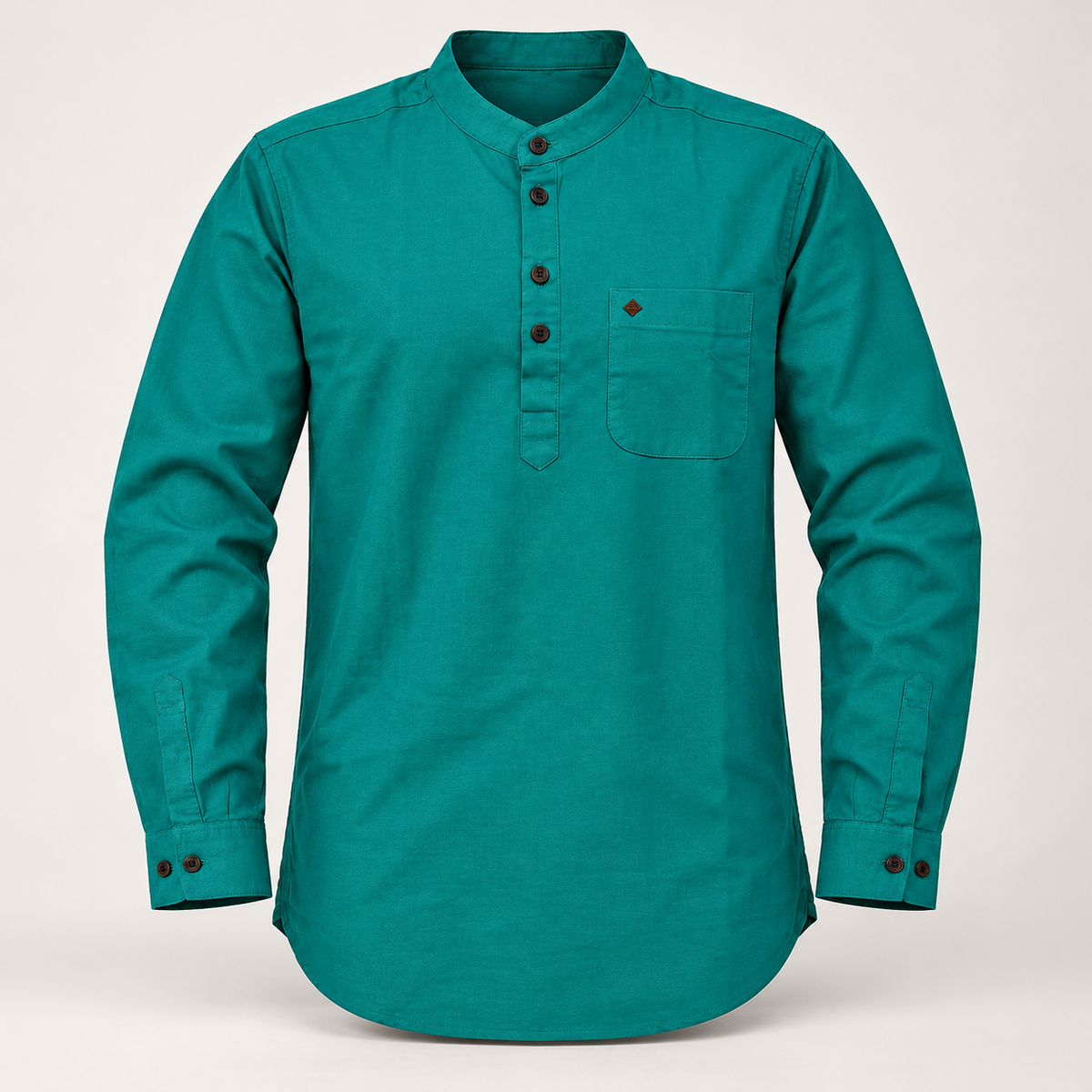 Mandarin Collar Half Placket Full Sleeve Pocket Shirt - Teal - clean dimensional product front, without hangtags