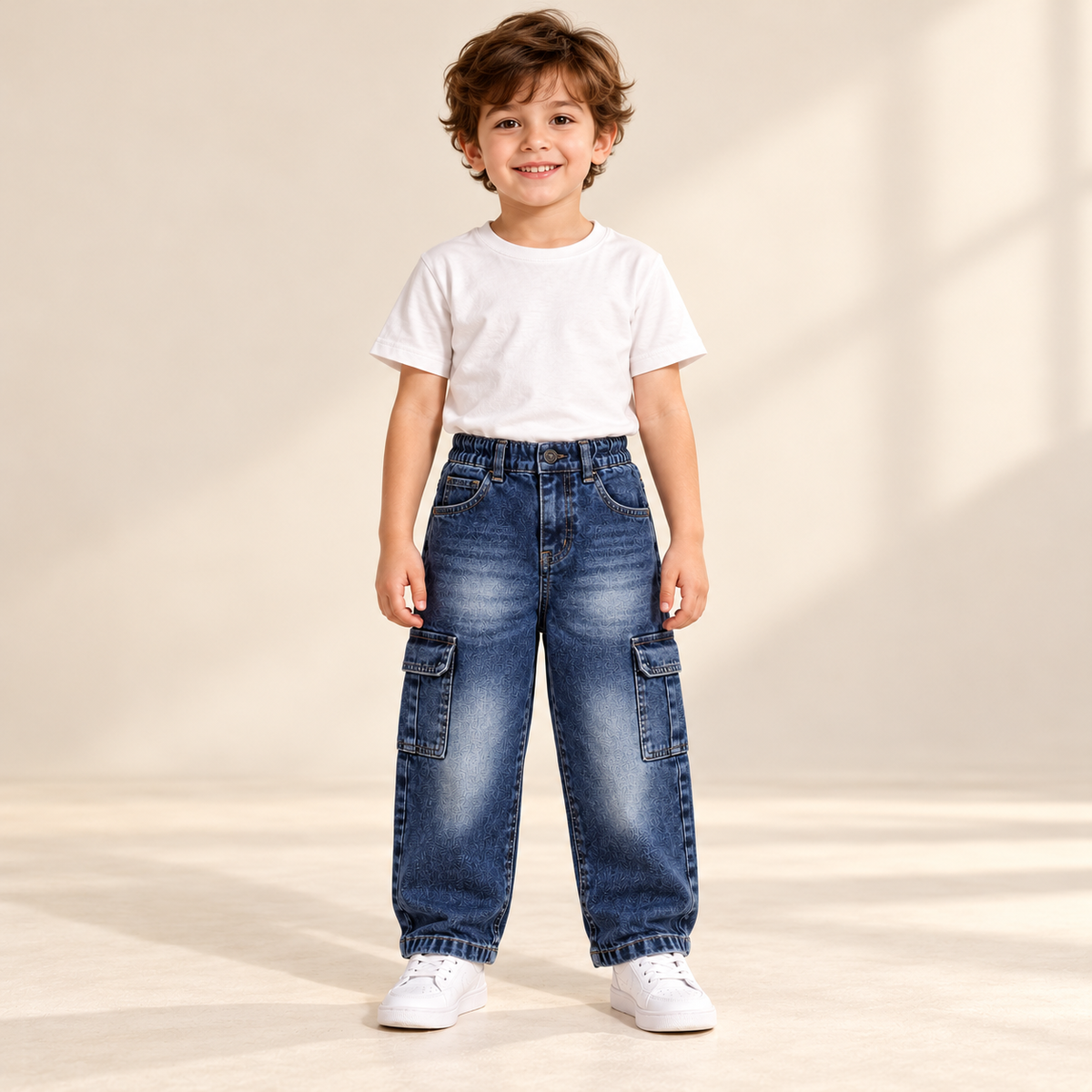 Kids' Dark Wash Utility Mom Fit Jeans — full-length jeans on a model