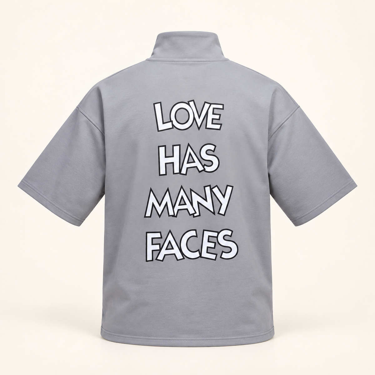 Front and Back Print Drop Shoulder High Neck T-Shirt - Grey — product back
