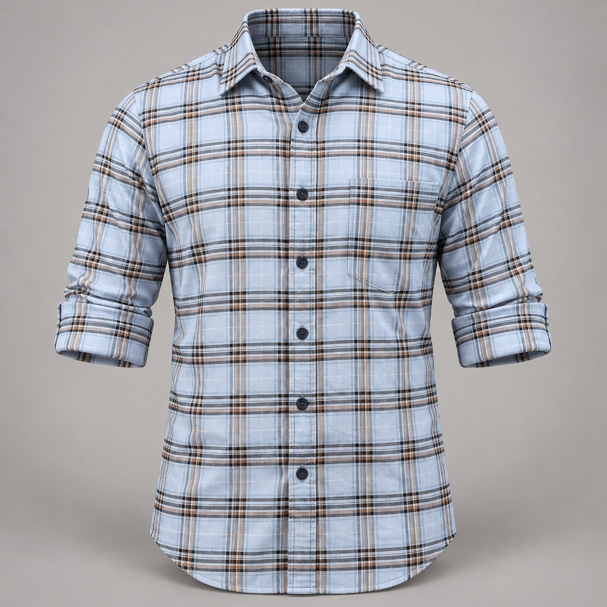 Checked shirt front product view with folded sleeves