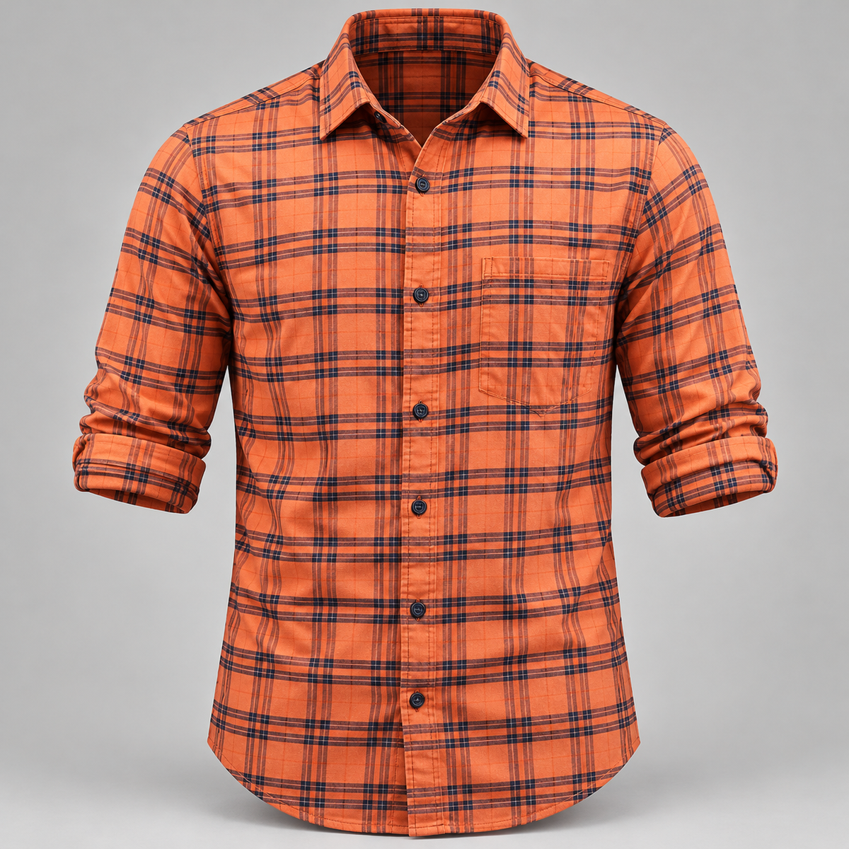 Checked shirt front product view with folded sleeves