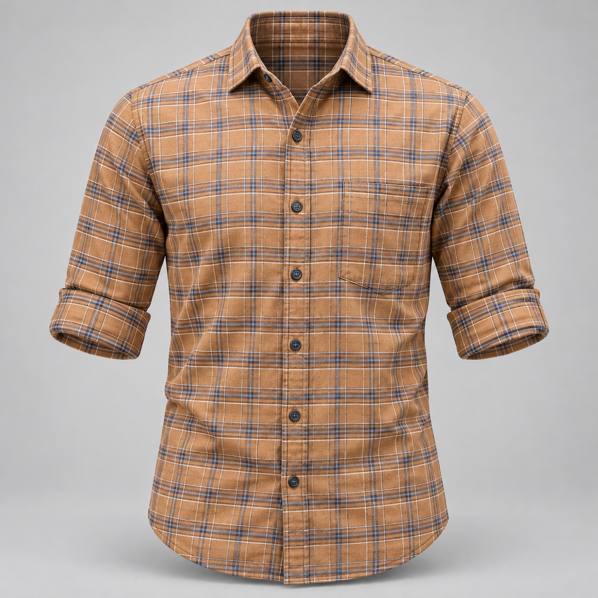 Checked shirt front product view with folded sleeves