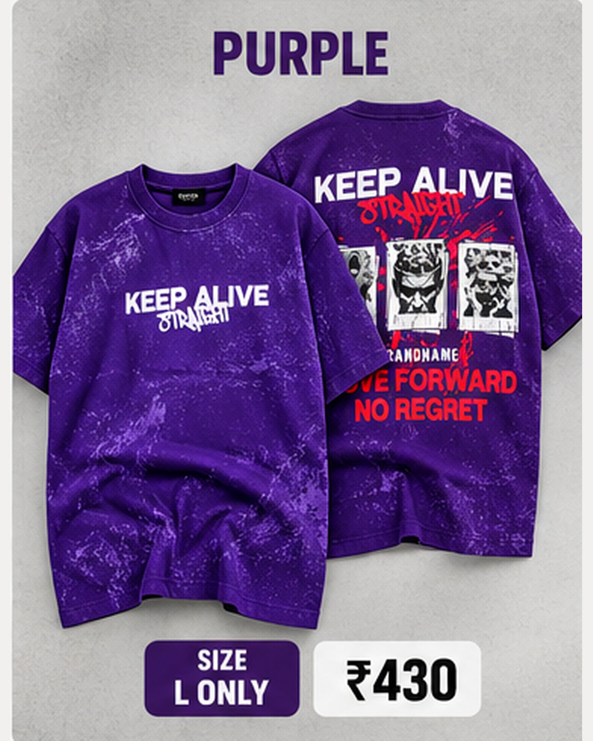 Purple KEEP ALIVE STRAIGHT graphic T-shirt with front and back views together