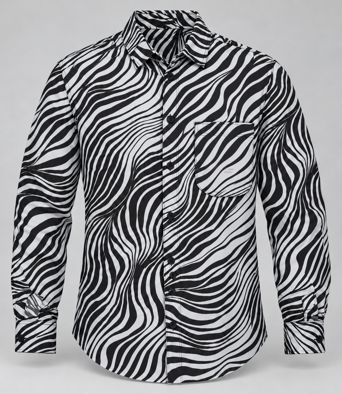 Dimensional product view of the black and white zebra shirt with full sleeves and one open chest pocket