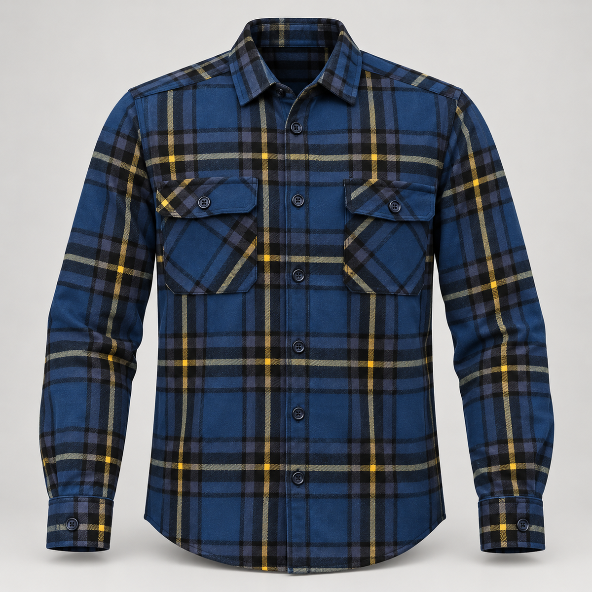 Navy yellow grey check shirt, dimensional product front with full sleeves, dark buttons and two diagonal check flap pockets