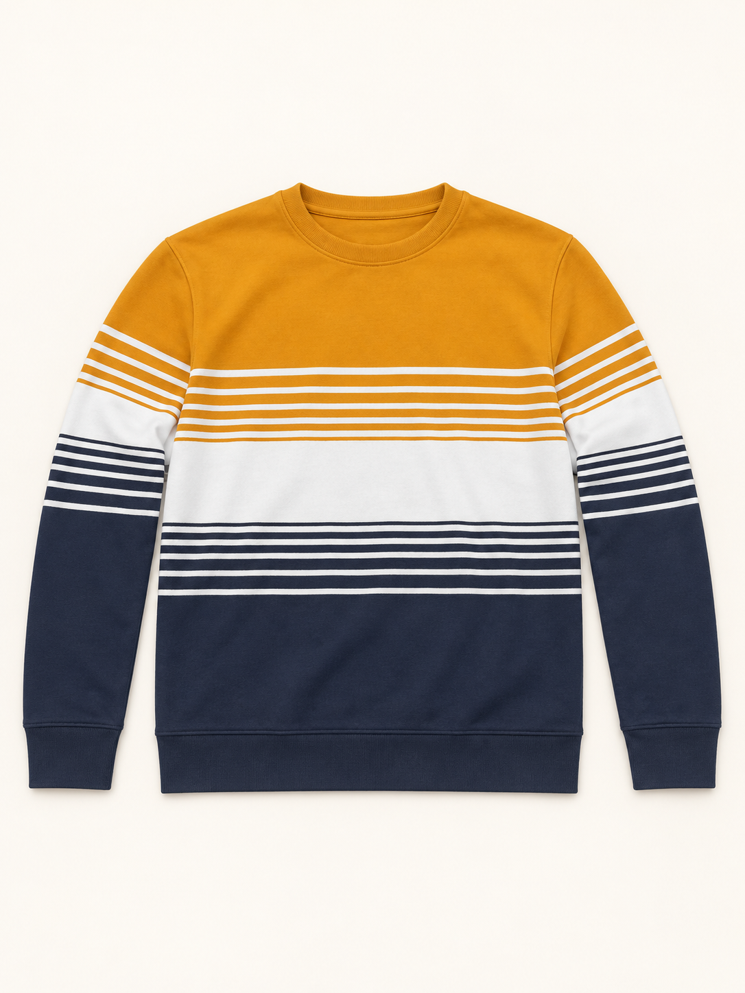 Mustard, white and navy striped colour block crew neck sweatshirt, showing full sleeves, ribbed cuffs and ribbed hem.