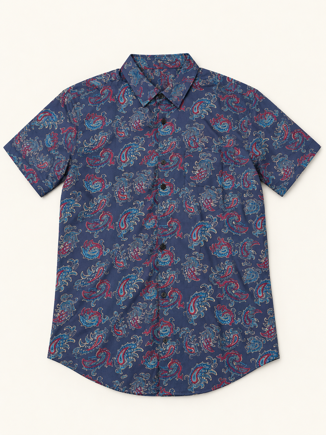 Paisley Print Short Sleeve Pocket Shirt - Navy Blue, full front product view.