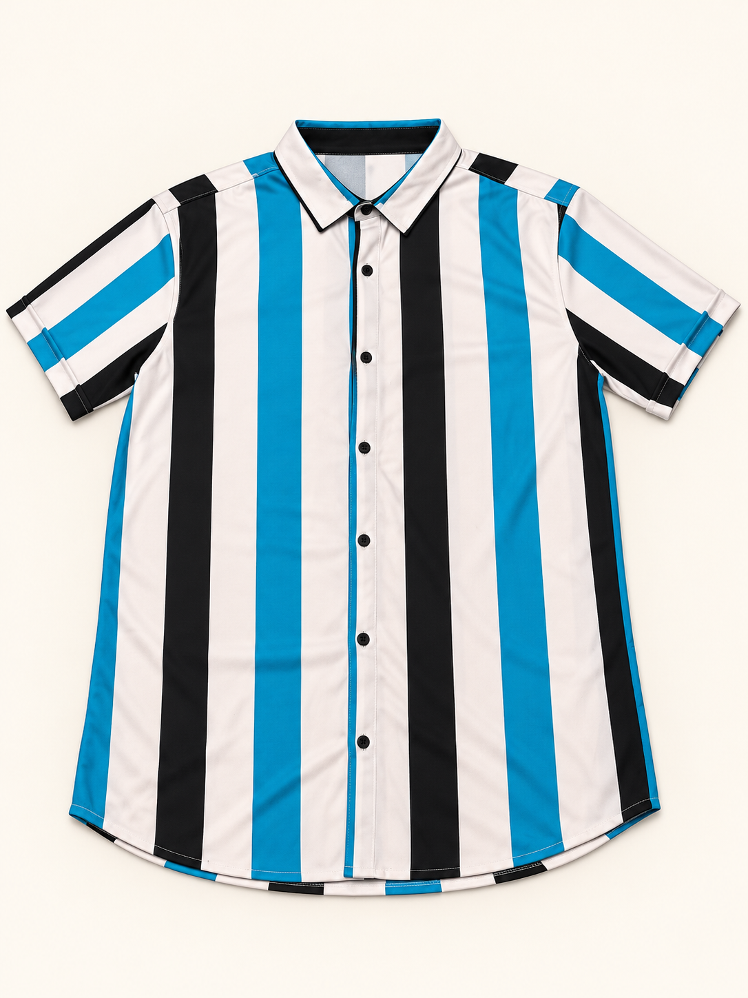 Vertical Stripe Short Sleeve Shirt - Teal Black and Off White, full front product view.