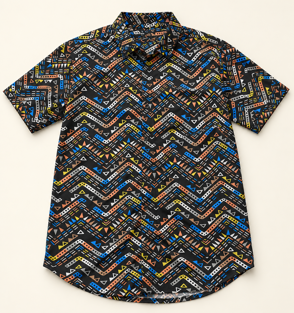 Multicolour Zigzag Short Sleeve Pocket Shirt - Black, full front product view.