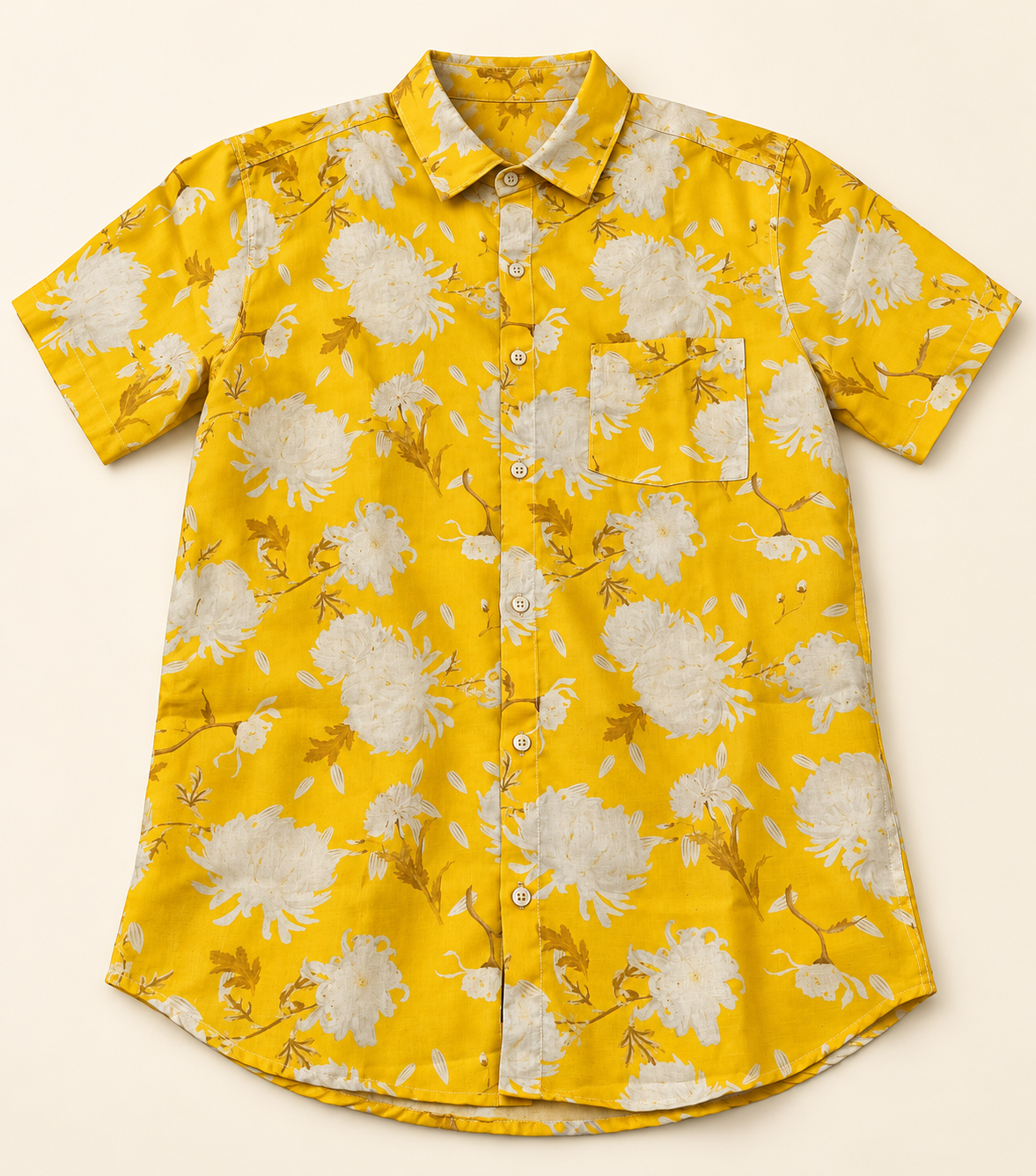 Floral Short Sleeve Pocket Shirt - Yellow White, full front product view.