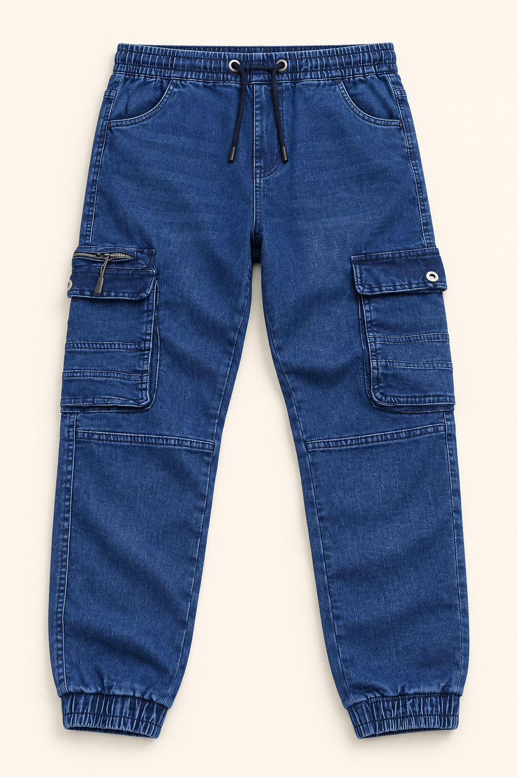 Cargo Joggers with Zip Pocket - Washed Blue, full front product view.