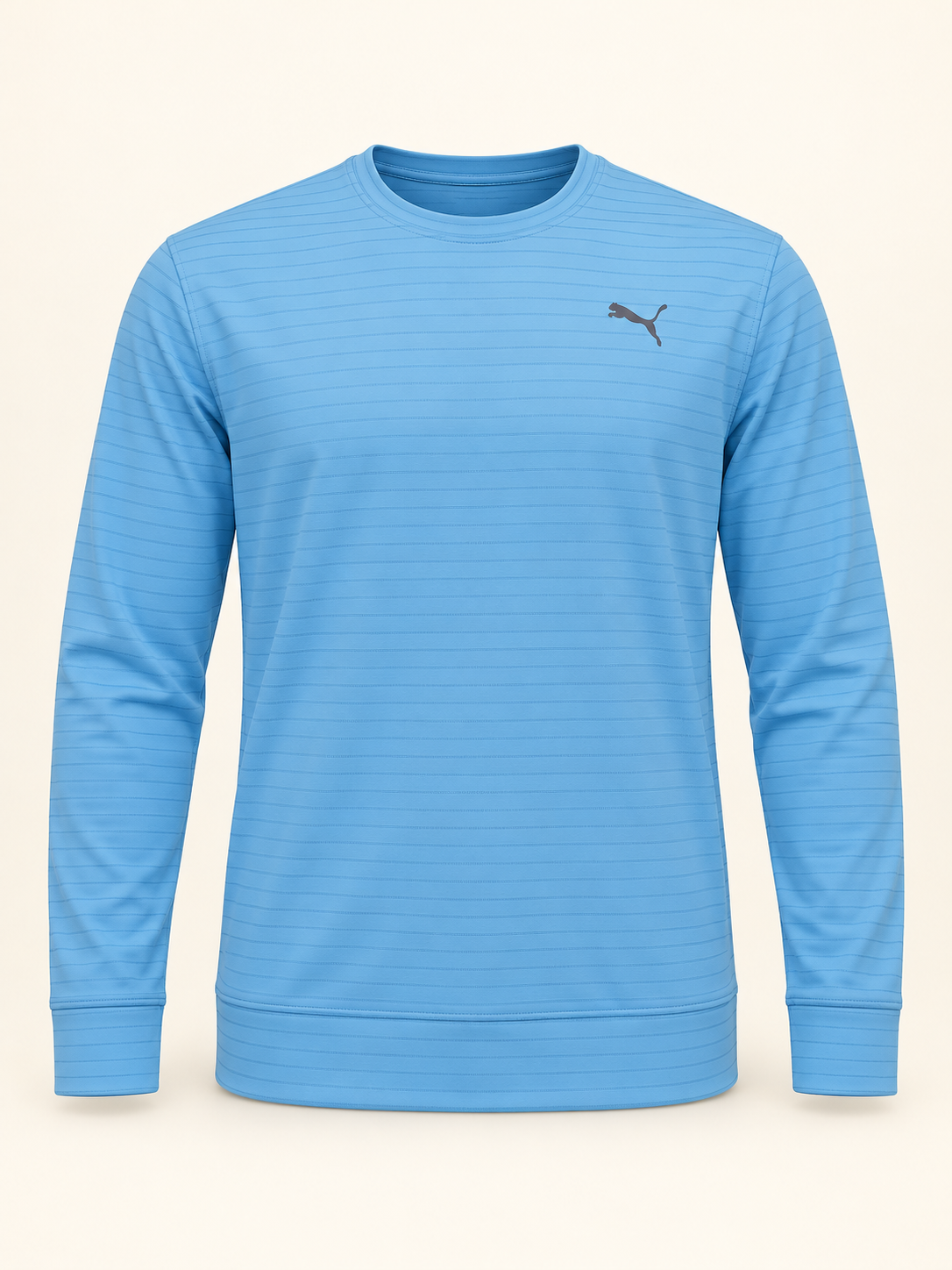 Fine Stripe Cat Emblem Long Sleeve T-Shirt - Sky Blue, full front product view.