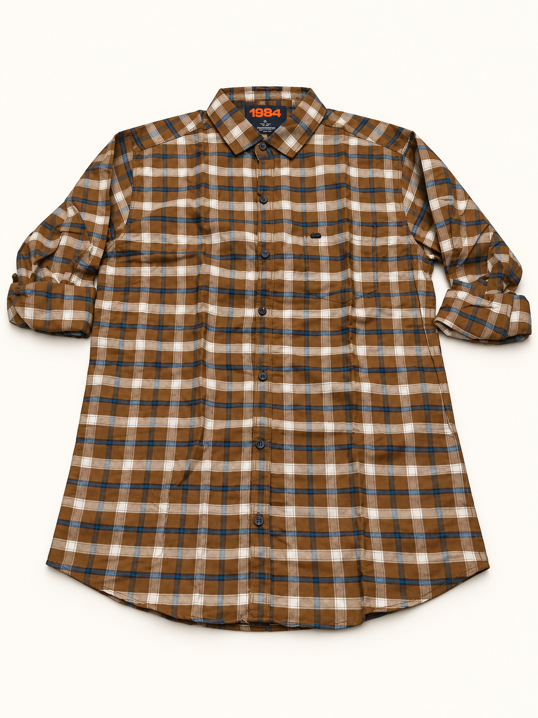 Check Pocket Shirt - Brown White Blue, full front product view.