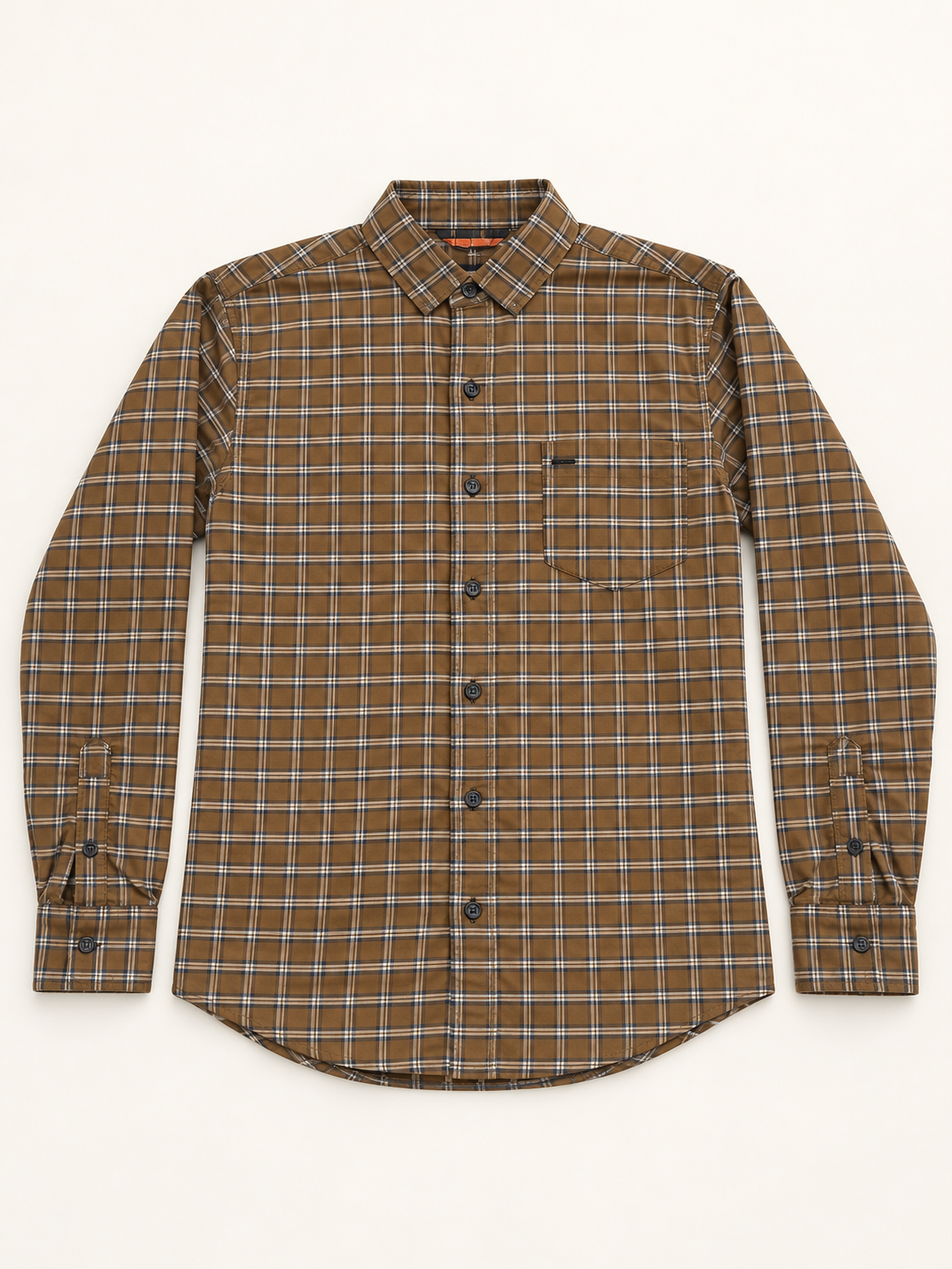 Fine Grid Full Sleeve Pocket Shirt - Brown White, full front product view.