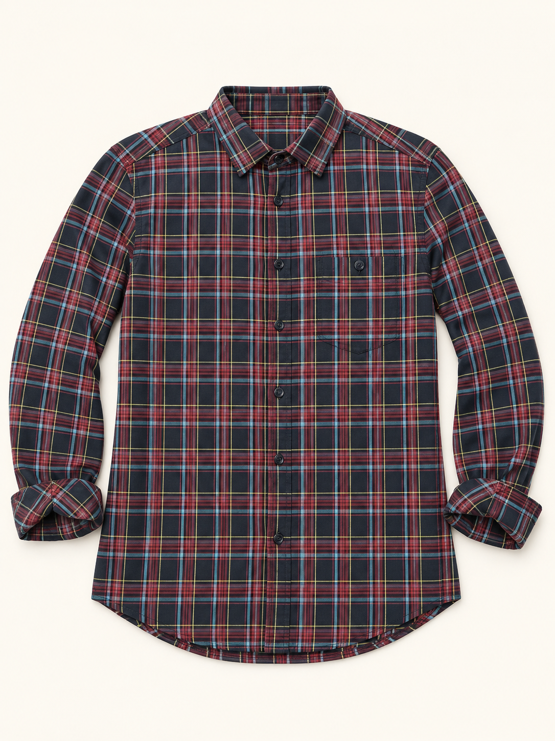 Check Full Sleeve Button Pocket Shirt - Navy Multicolour, full front product view.