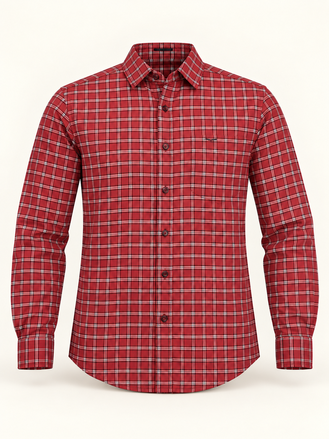 Fine Grid Wing Pocket Full Sleeve Shirt - Red White, full front product view.