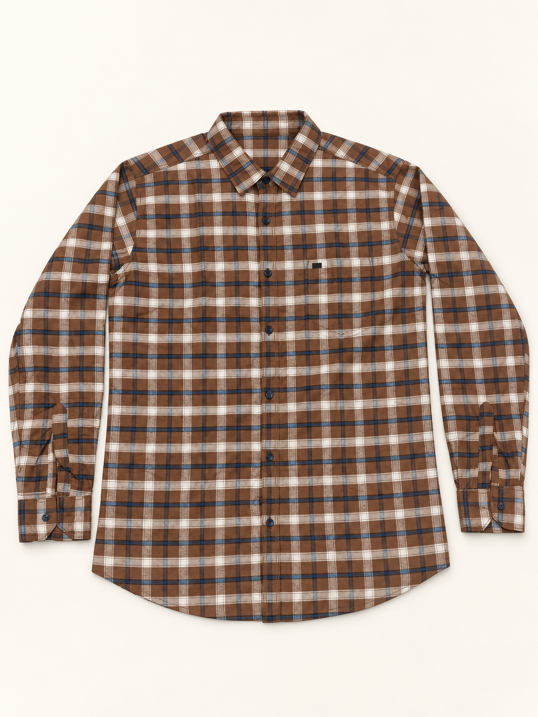 Check Full Sleeve Pocket Shirt - Brown White Blue, full front product view.