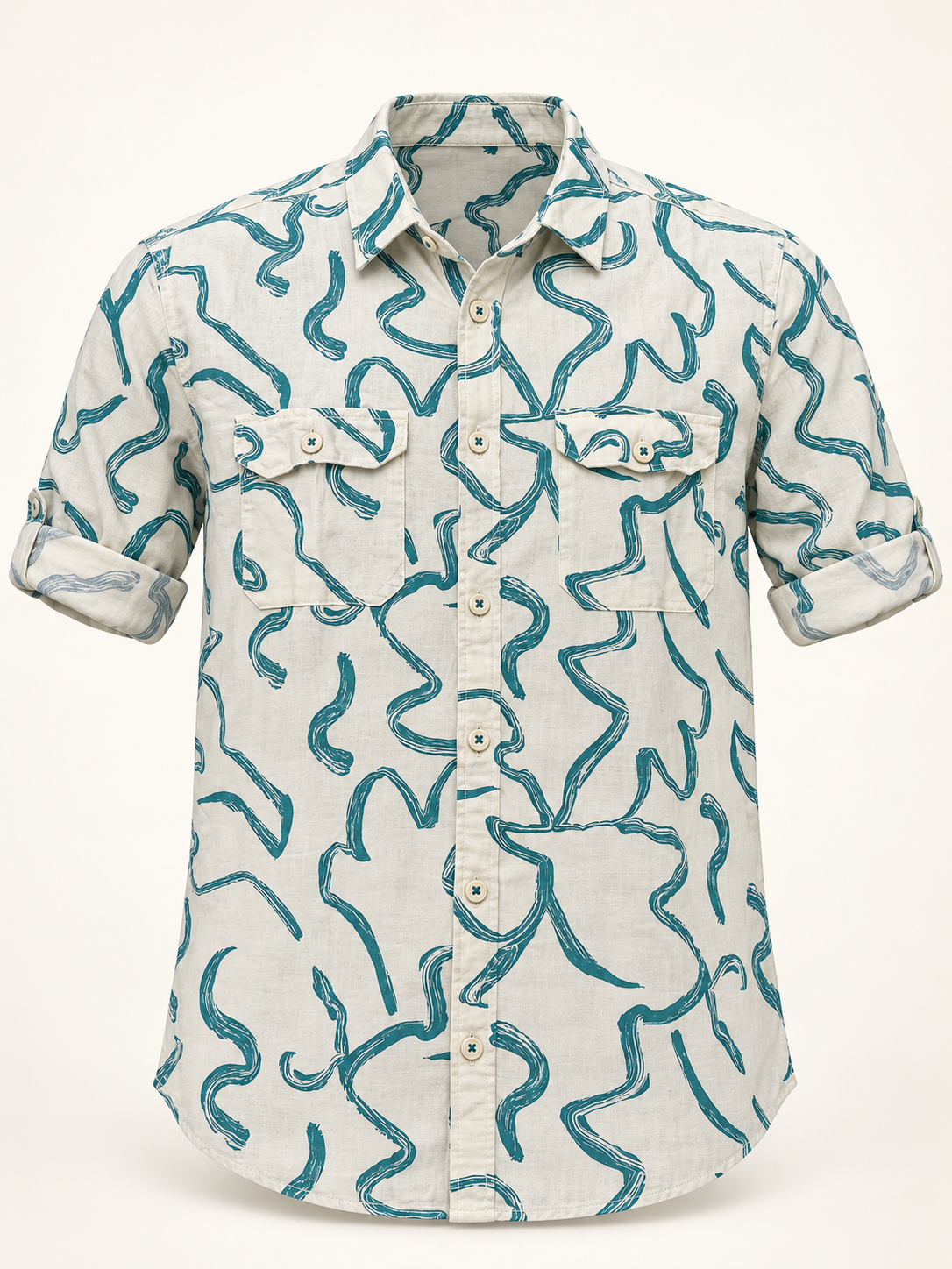 Abstract Stroke Double Flap Pocket Shirt - Cream Teal, full front product view.