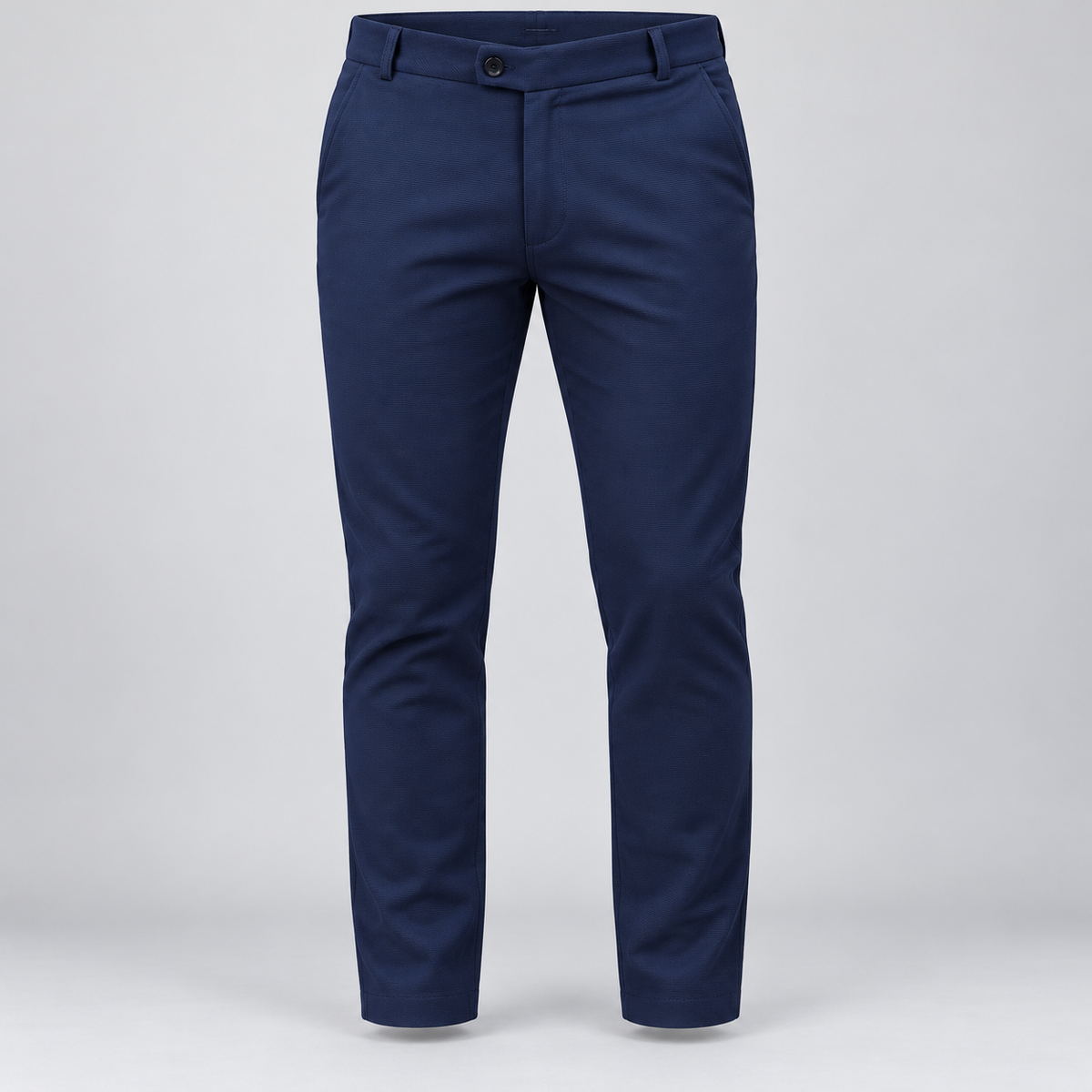 Navy blue textured ankle-fit pants, full front product-only view.