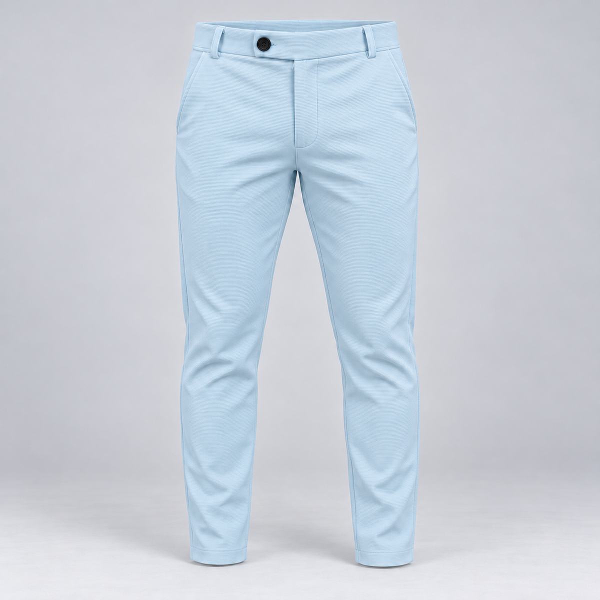Light blue textured ankle-fit pants, full front product-only view.