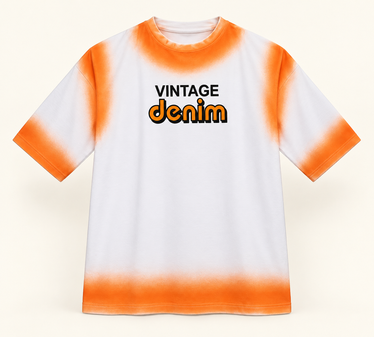 Vintage Denim Airbrush Drop Shoulder T-Shirt - Orange White, full front product view.