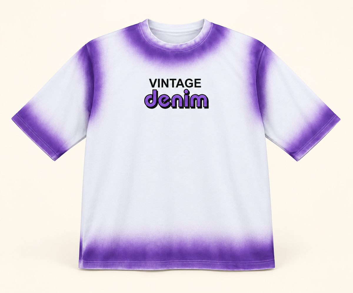 Vintage Denim Airbrush Drop Shoulder T-Shirt - Purple White, full front product view.