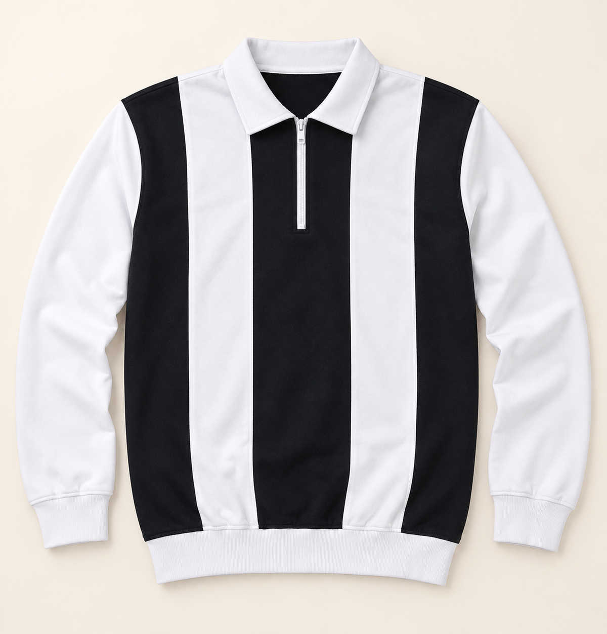 Vertical Stripe Zip Polo T-Shirt - Black White, full front product view.
