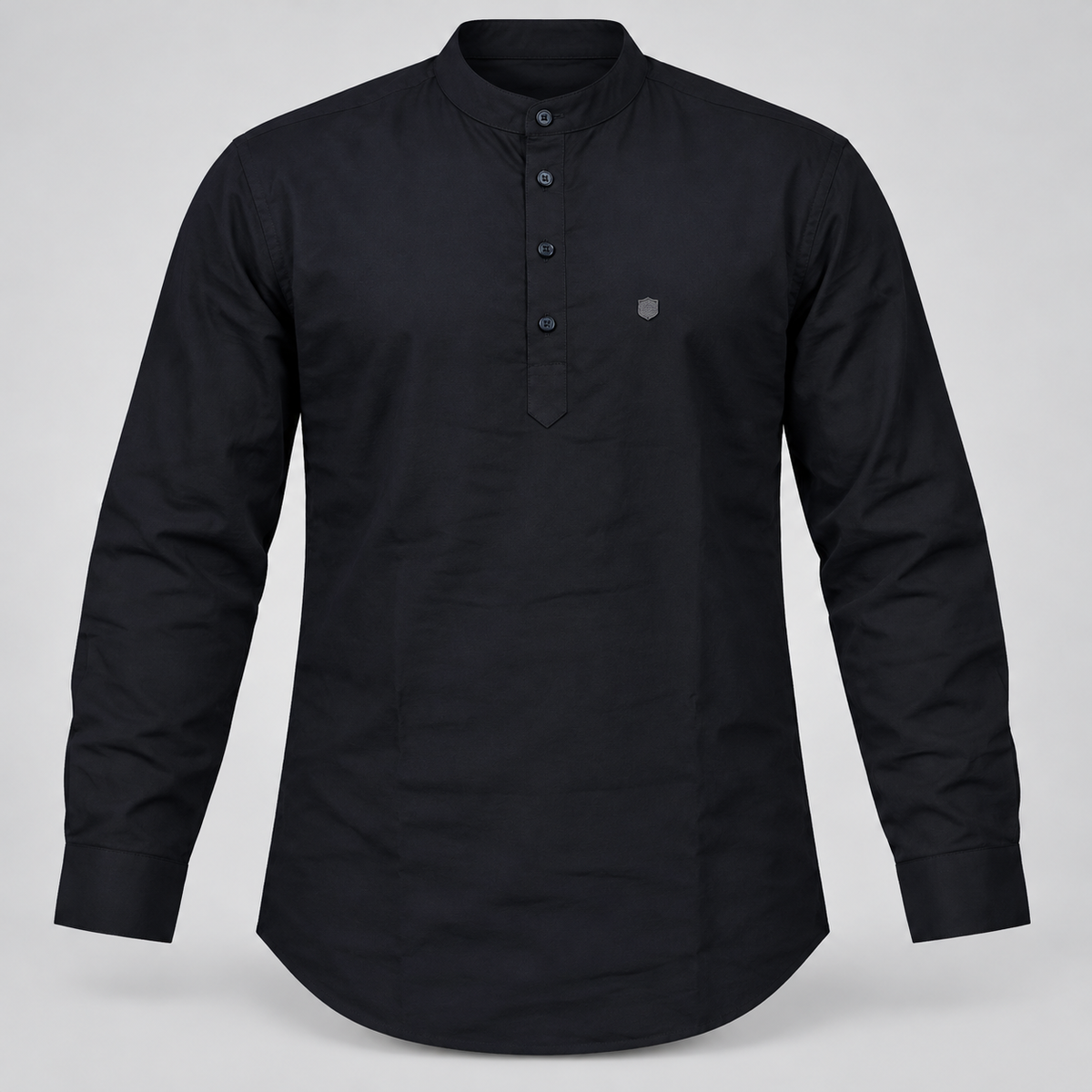 Black band collar half placket full sleeve shirt, dimensional product-only front view