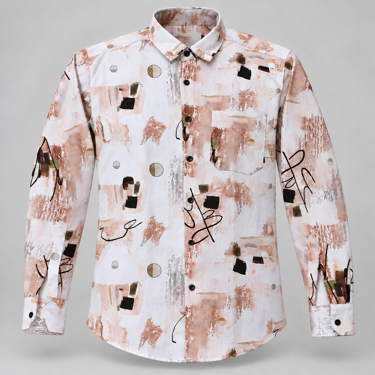 White blush geometric brush print full sleeve pocket shirt, dimensional product-only front view