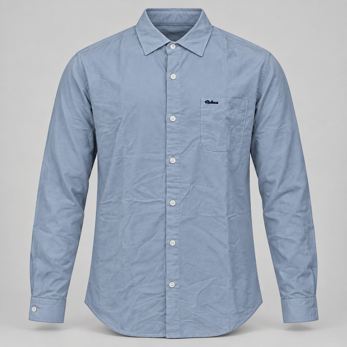 Light blue full sleeve shirt with small dark script pocket detail, dimensional product-only front view