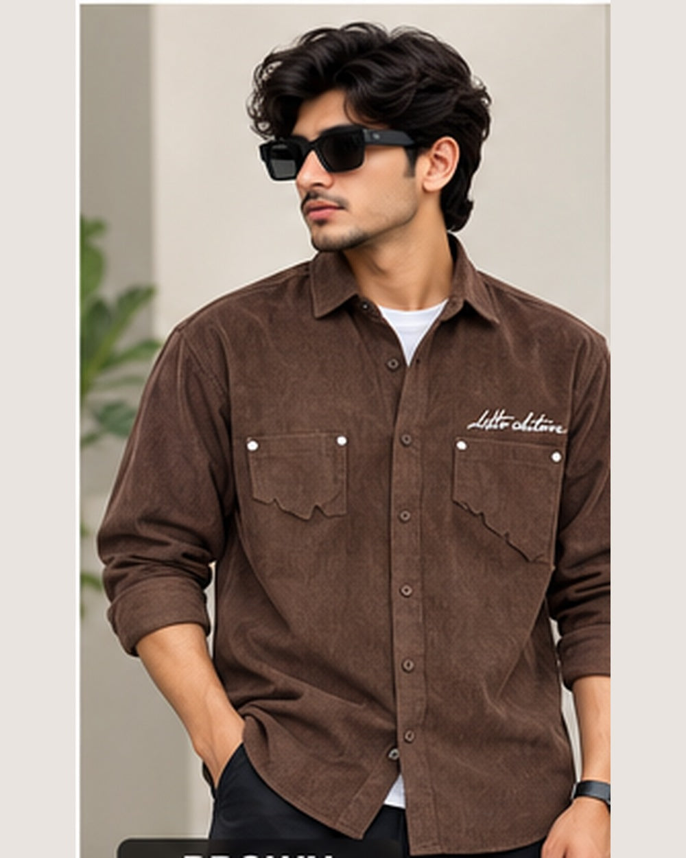 Brown textured full sleeve double pocket shirt on model (styled image)