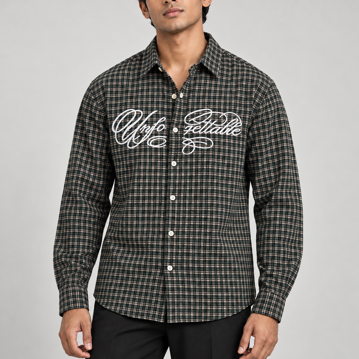 Dark Green white script checked full sleeve shirt, model detail view