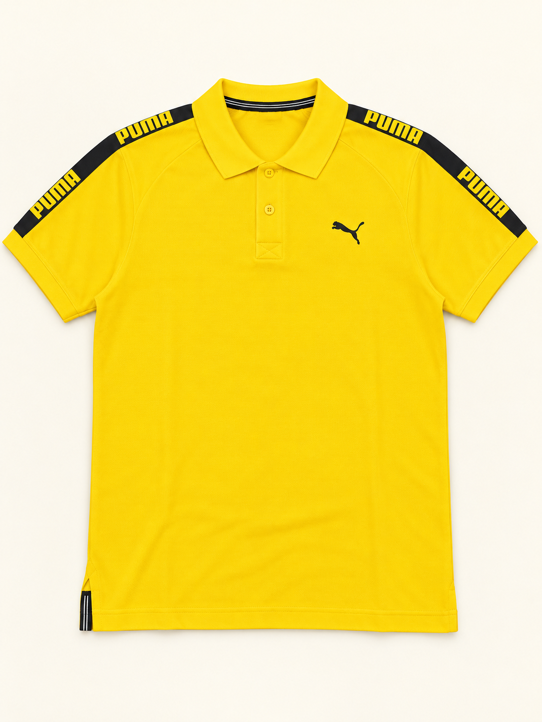 Shoulder Tape Polo T-Shirt - Yellow, dimensional front with actual striped side-hem inserts retained.