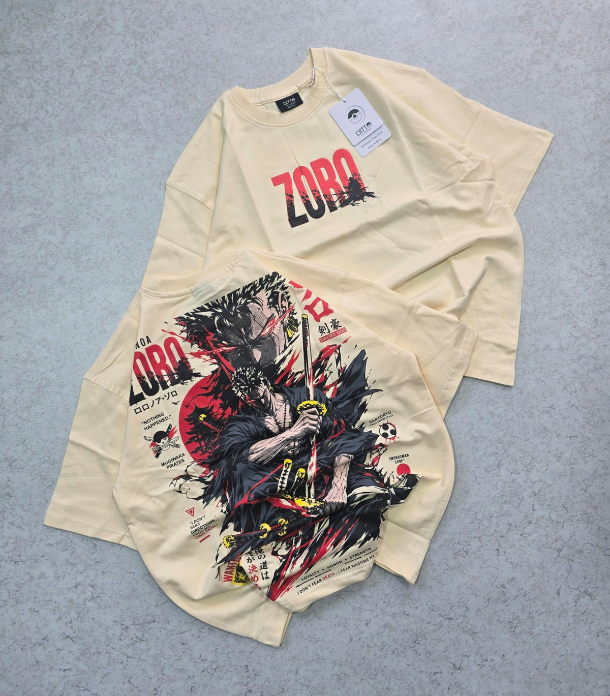 Cream Zoro sword warrior T-shirt front and back