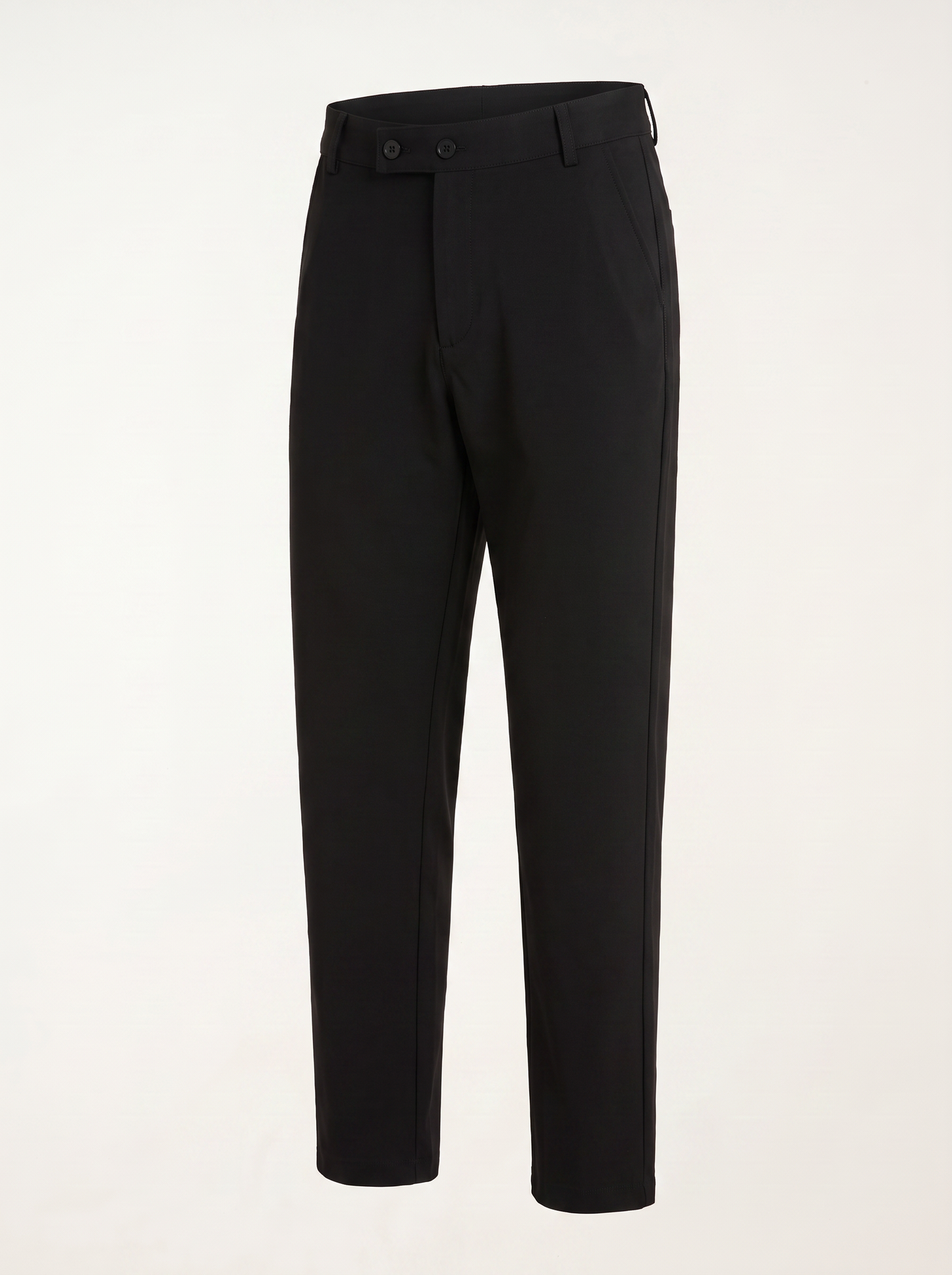 Black double button ankle fit pant angled view