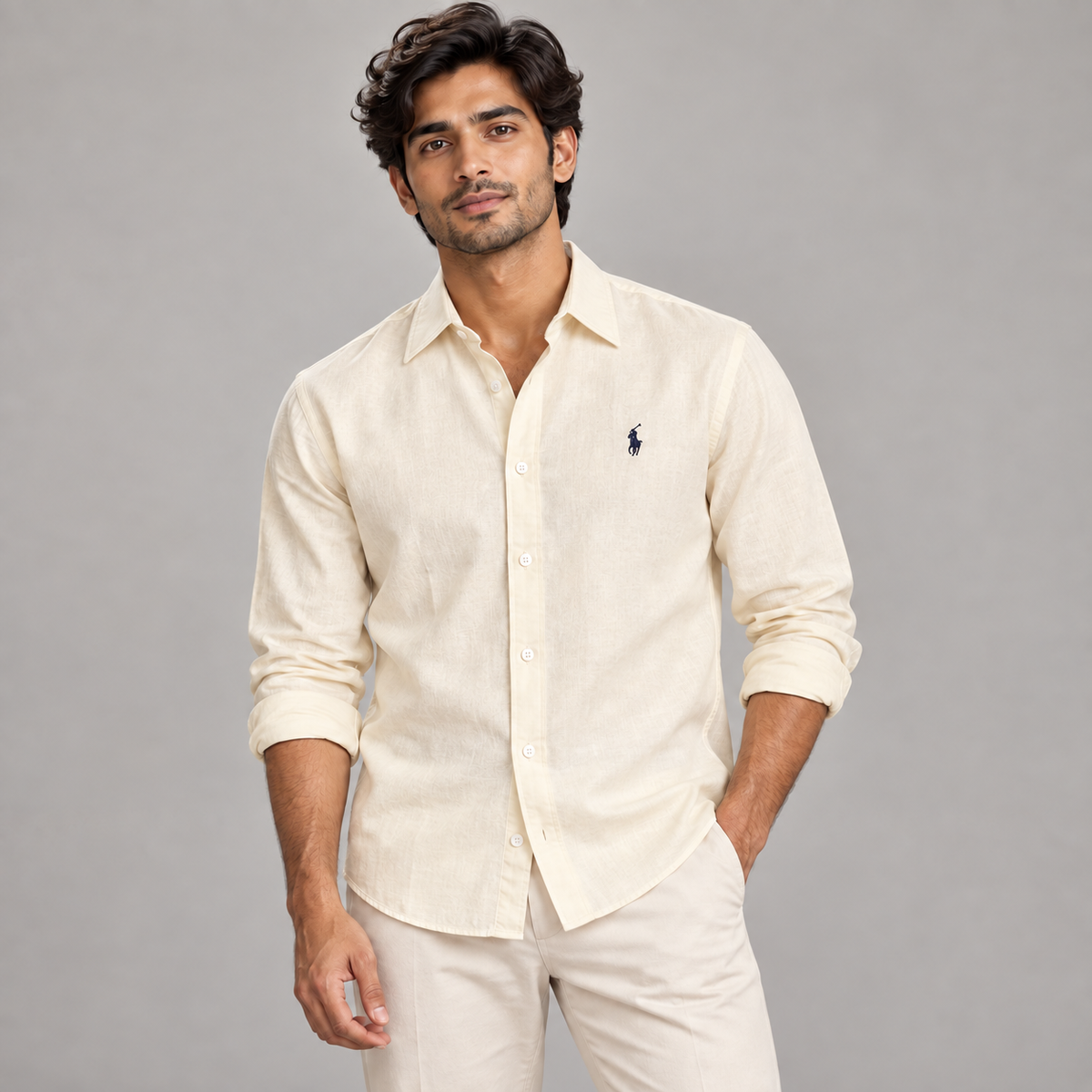 Model wearing cream linen shirt with regular turn-down collar
