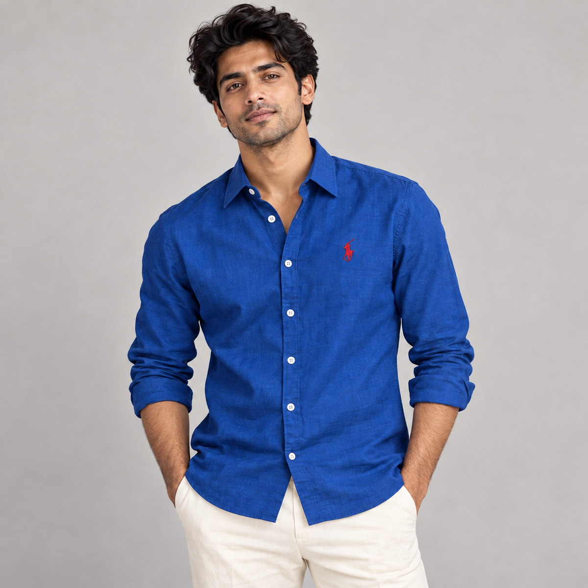 Model wearing royal blue linen shirt with regular turn-down collar