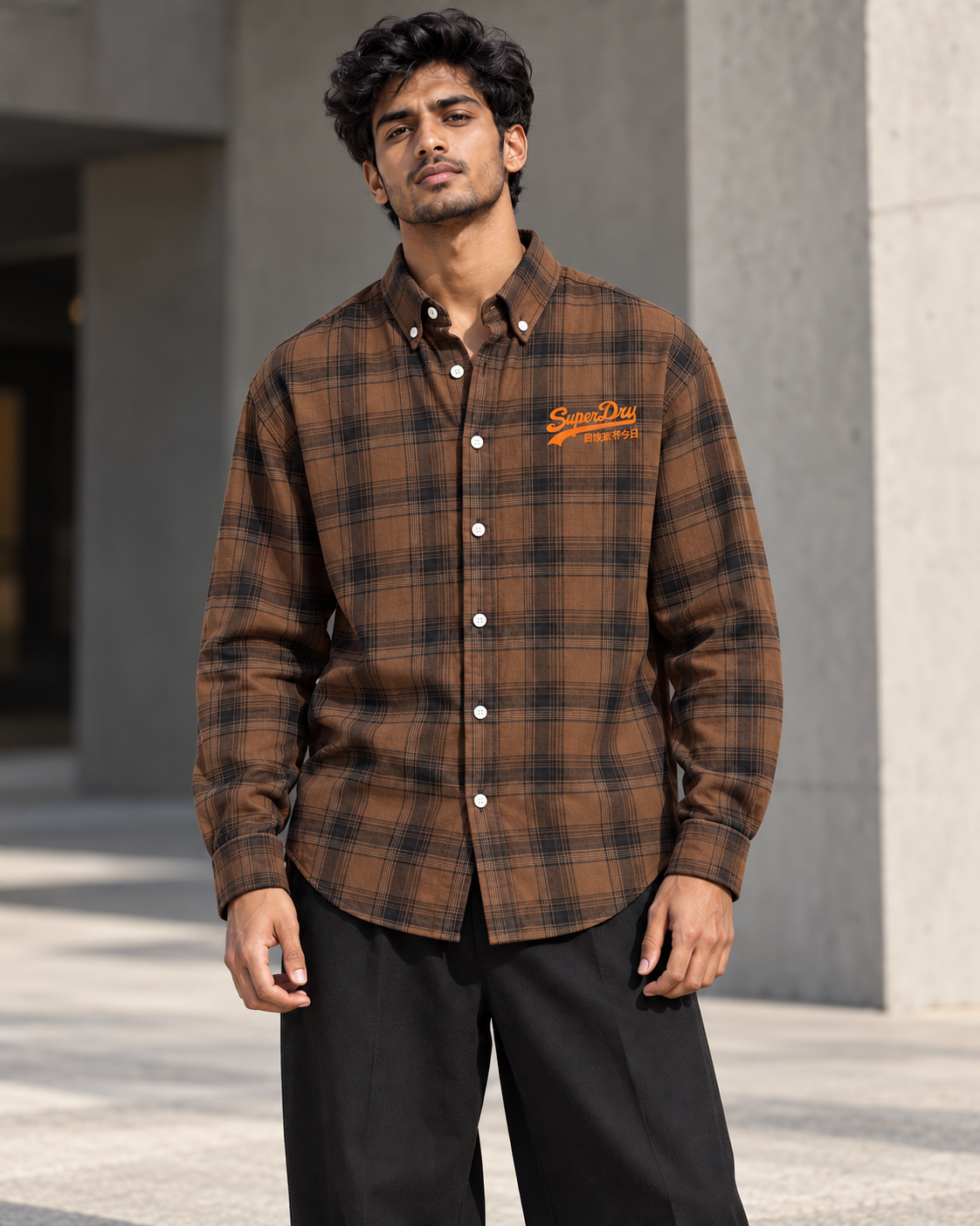 Camel Brown printed check shirt worn by a model, front view