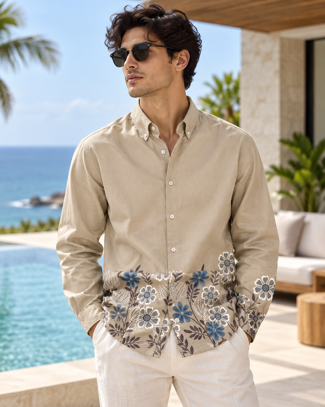 Premium Floral Hem Print Shirt - Beige