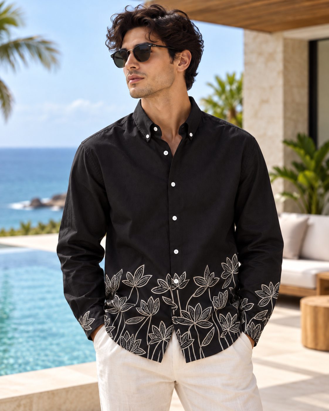 Premium Floral Hem Print Shirt - Black