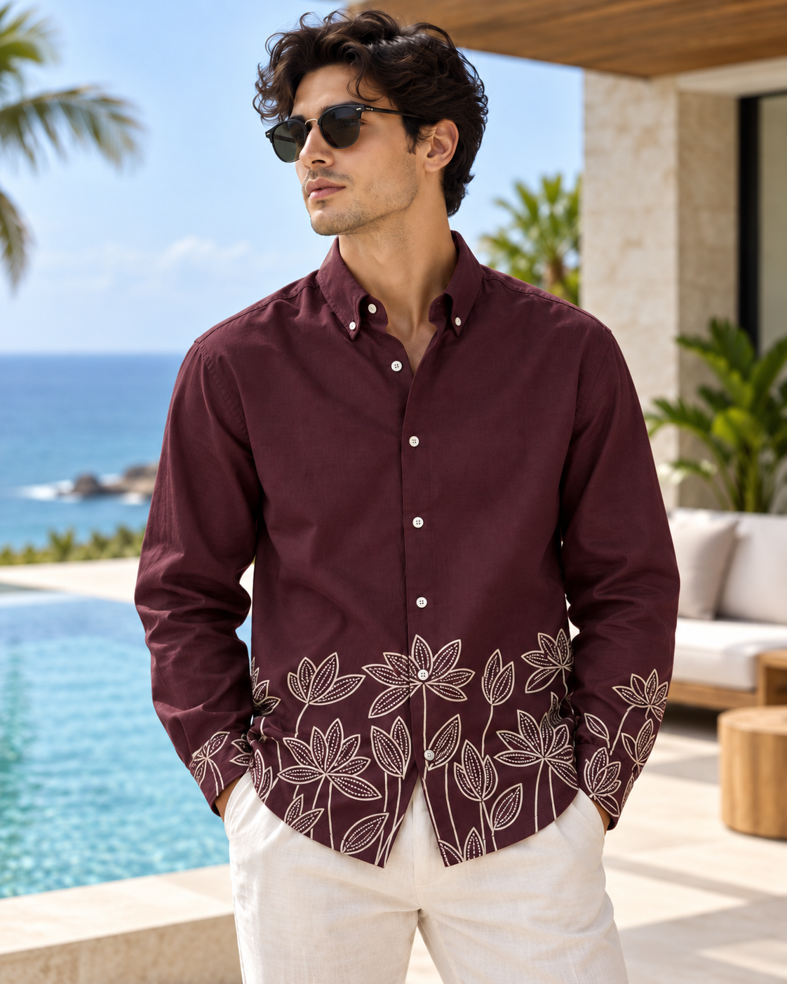 Premium Floral Hem Print Shirt - Burgundy